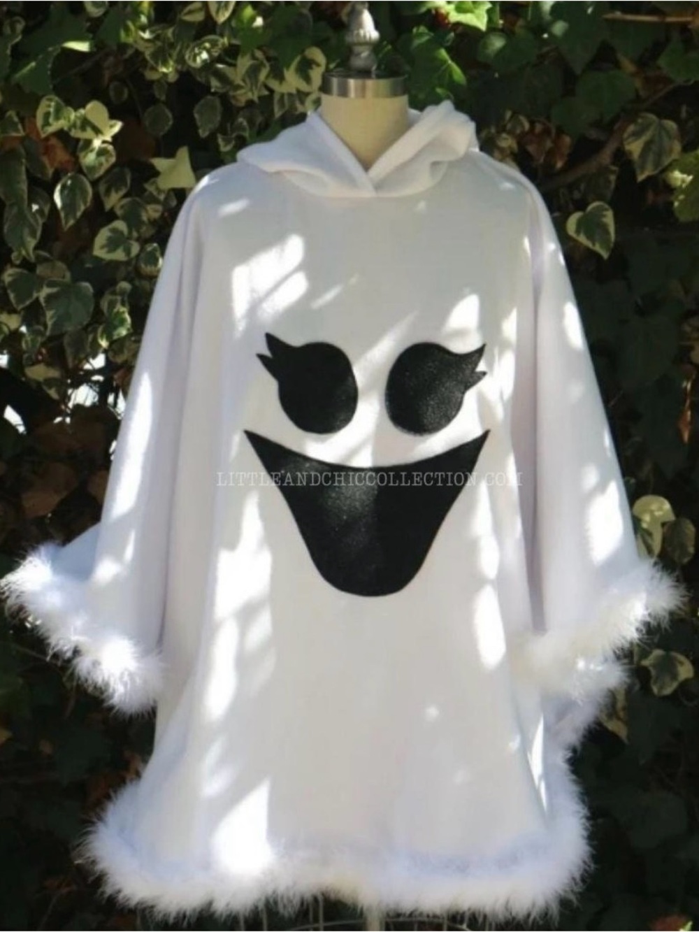 White Ghost Hooded Costume Poncho with Feather Trim